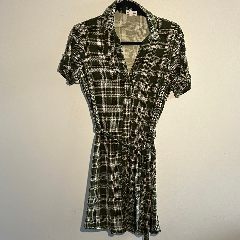 Plaid Button-Up Olive green and cream color Dress